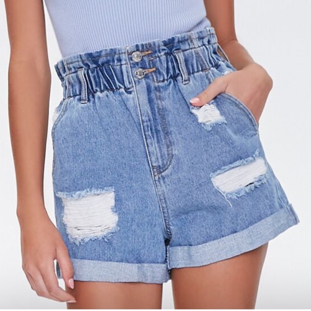 Forever 21 light denim distressed paper bag shorts